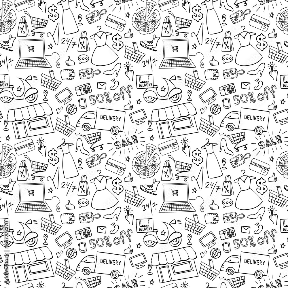 Fototapeta Online shopping hand drawn seamless pattern. Doodle e-commerce background. Vector illustration.