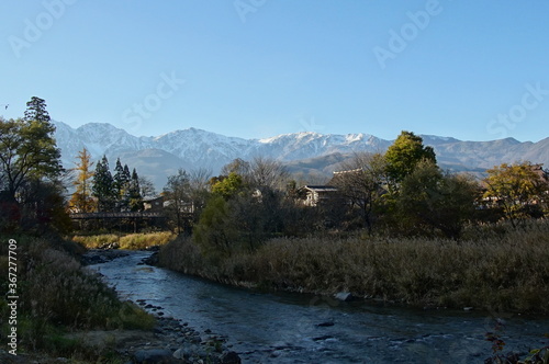 autumn landscape with river in the mountains of Japanese alps