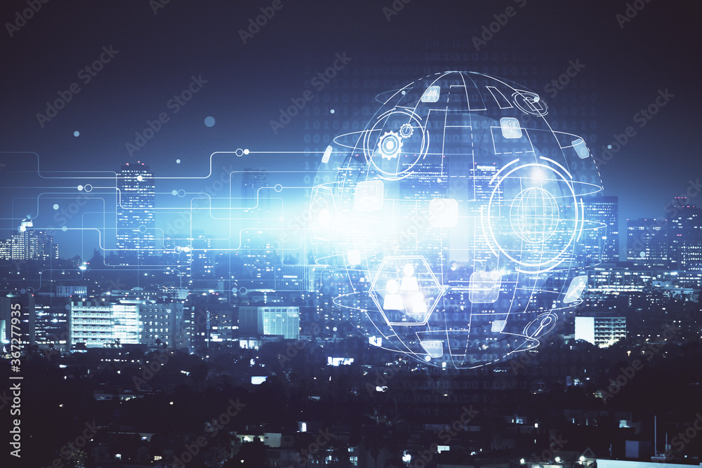 © peshkova - Multi exposure of social network theme drawing and cityscape background. Concept of people connecton.