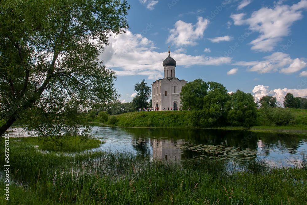 View of the Church of the Intercession on the Nerl River. Vladimir region. Russia.