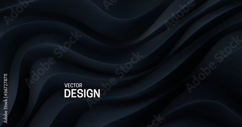 Black curvy pattern surface. Vector 3d illustration. Abstract futuristic background. Minimalist geometric cover design. Warped stripes. Topography relief. Elegant backdrop.