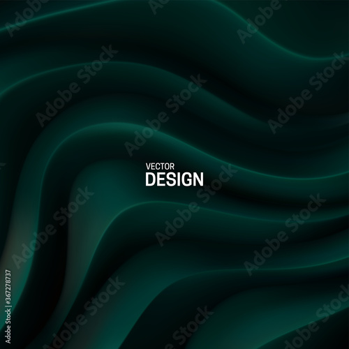 Dark green curvy pattern surface. Vector 3d illustration. Abstract futuristic background. Minimalist geometric cover design. Warped stripes. Topography relief. Elegant backdrop.