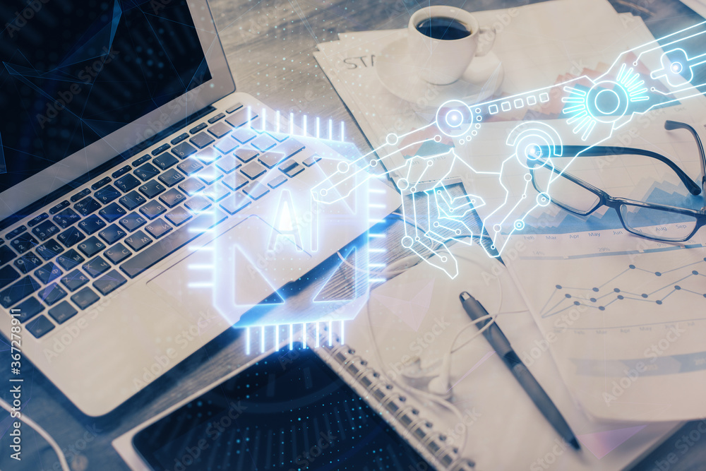 Double exposure of table with computer on background and data theme drawing. Concept of innovation. Double exposure of table with computer on background and data theme drawing. Concept of innovation.