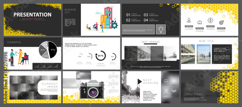 Business presentation, infographic yellow elements design template on white background. Teamwork of people in the city, businessman. Use in presentations, corporate report flyers, marketing banner