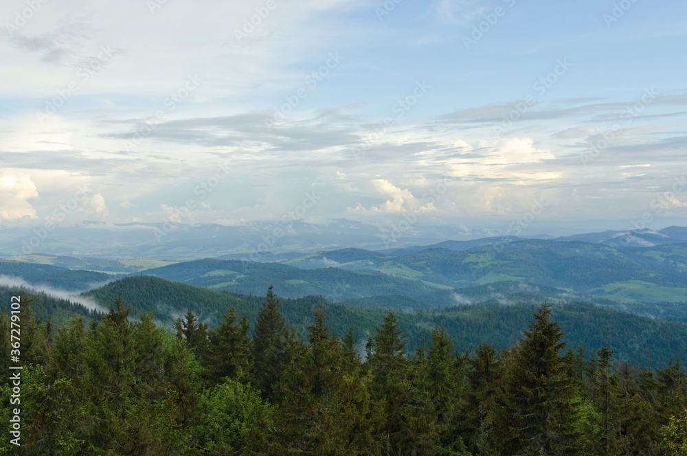Radziejowa Poland. View of the Beskids from the observation tower.