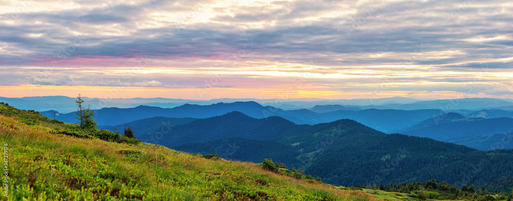Colorful landscape at sunset in the mountains, scenic wild nature panorama, Carpathians