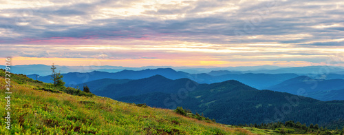 Colorful landscape at sunset in the mountains, scenic wild nature panorama, Carpathians