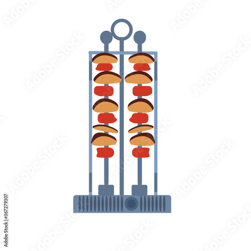 Electric shashlik a white background. Home BBQ grill open and  with food. Equipment for the kitchen. Vector illustration in flat style. Kitchenware grill. Kebab maker