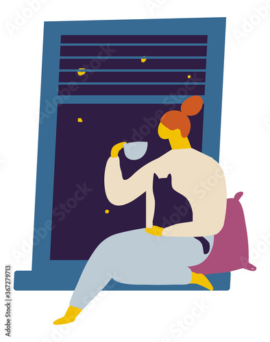 Woman at home drinking tea or coffe. Cozy evening. Flat Character Flat Vector