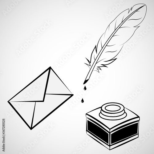 feather and inkwell with envelop icon vector