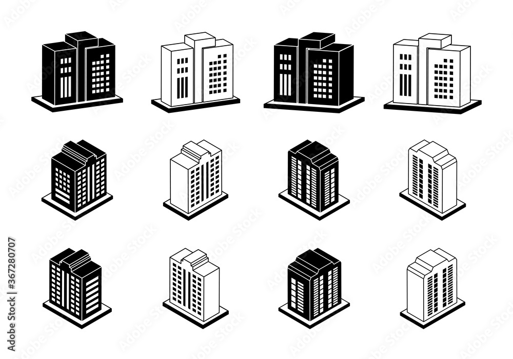 Building icons set, Company vector, Silhouette hotel and condo illustration on white background, Perspective bank and office, 3D apartment