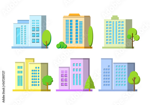 Buildings Flat Vector Icons set  Architecture vector on white background  Colorful company and tree  Modern construction colection city and town
