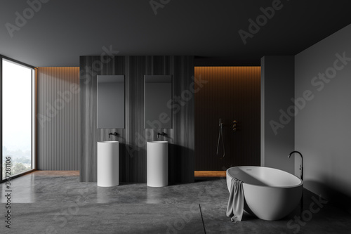 Panoramic grey and wooden bathroom
