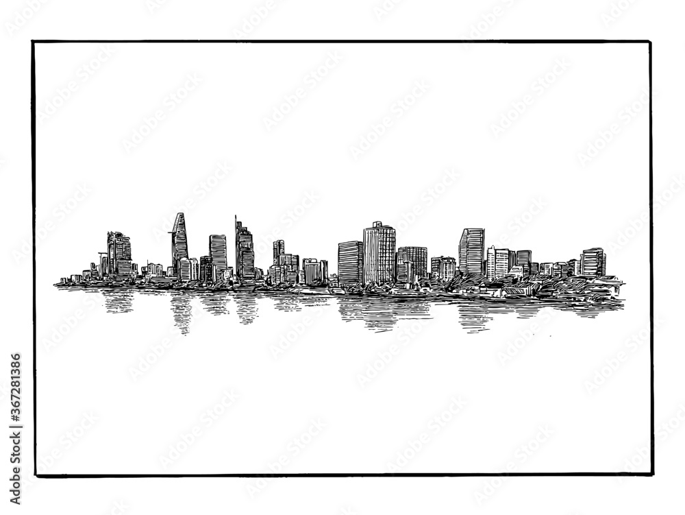 Drawing of the Ho Chi Minh city skyline in Vietnam 