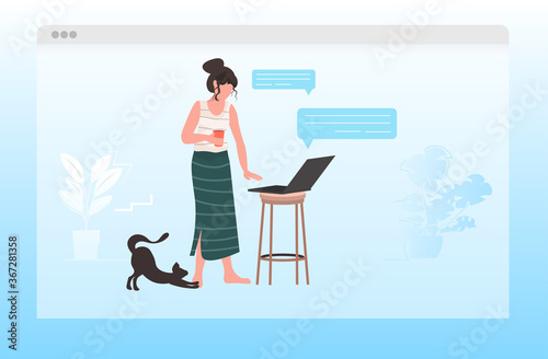 woman using laptop remote work quarantine isolation chat bubble communication concept girl relaxing at home full length horizontal vector illustration