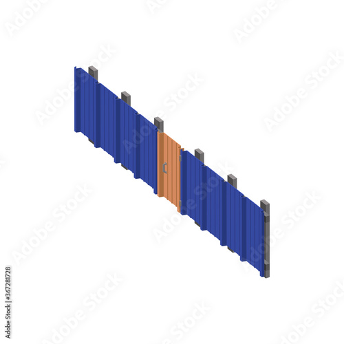 Fence made of profiled sheet iron with a wicket.Vector isometric and 3D view.