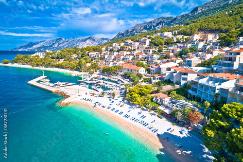 Aerial view of Brela beach and waterfront on Makarska riviera