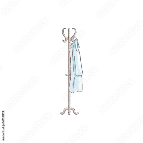 Vintage coat rack with coat. hand-drawn vintage grunge style Isolated on white