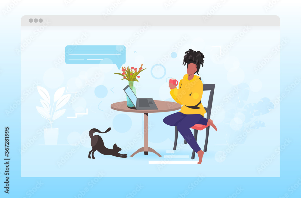 african american woman using laptop remote work quarantine isolation chat bubble communication concept girl relaxing at home full length horizontal vector illustration african american woman using laptop remote work quarantine isolation chat bubble communication concept girl relaxing at home full length horizontal vector illustration