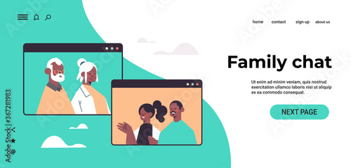 couple having virtual meeting with grandparents during video call family chat communication concept african american people in web browser windows portrait horizontal copy space vector illustration