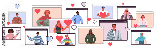 mix race people chatting in online dating app men women in web browser windows social relationship communication concept horizontal portrait vector illustration