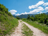 Dirt road in the alpine mountains background. Walk on the dolomites in the summer. 