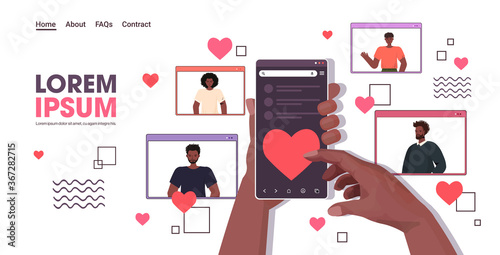 human hands using smartphone chatting in online dating app people in web browser windows social relationship communication concept horizontal copy space vector illustration