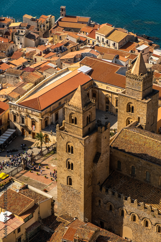 Panoramic aerial view of old town of Cefalu., Sicily, Italy.