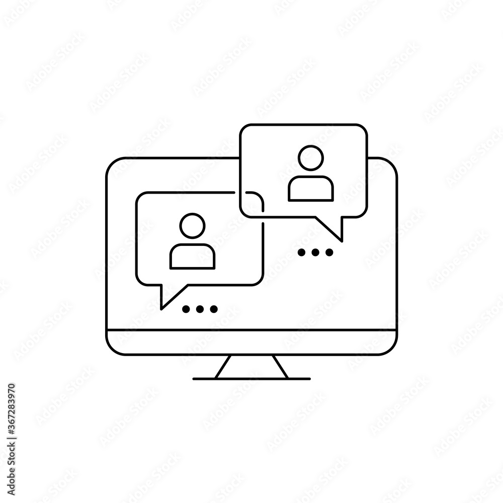 Two people communicate via PC monitor. Chat or video conference concept ...