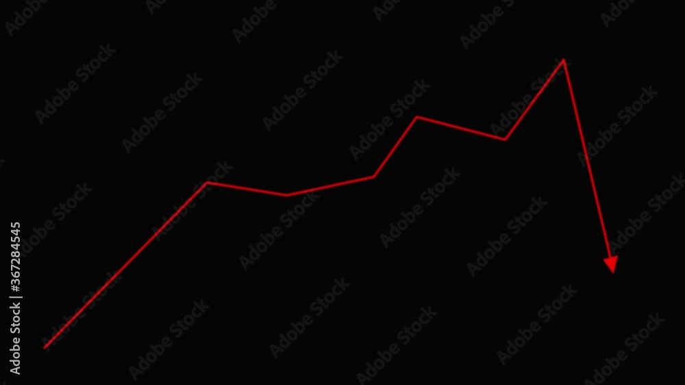 Red line graph falling. Downward slope animation. Red line graph falling. Downward slope animation.