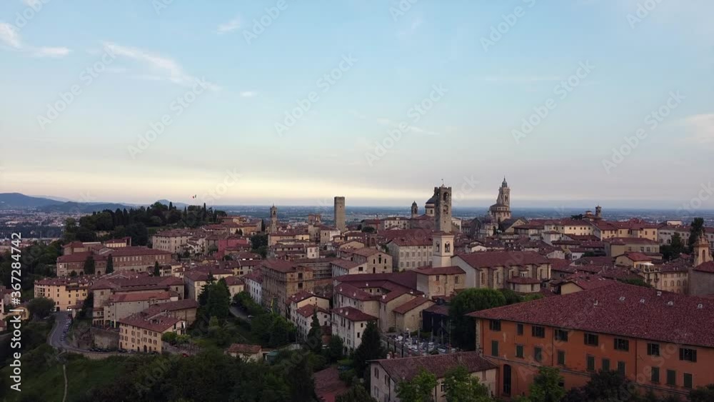 Europe, Italy , Lombardy , Bergamo July 2020 - Drone aerial view of Bergamo alta old city after Covid-19 Coronavirus epidemic lockdown Europe, Italy , Lombardy , Bergamo July 2020 - Drone aerial view of Bergamo alta old city after Covid-19 Coronavirus epidemic lockdown