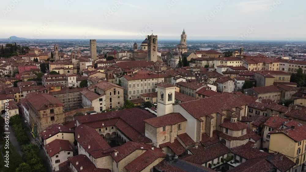 Europe, Italy , Lombardy , Bergamo July 2020 - Drone aerial view of Bergamo alta old city after Covid-19 Coronavirus epidemic lockdown Europe, Italy , Lombardy , Bergamo July 2020 - Drone aerial view of Bergamo alta old city after Covid-19 Coronavirus epidemic lockdown