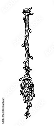 Vászonkép A vector outline witch's broom with leaves isolated on a white background