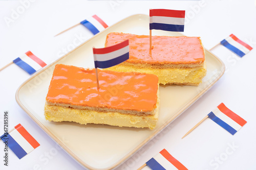 Orange tompouce. Traditional Dutch pastry to celebrate King's Day in the Netherlands.