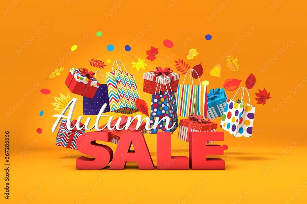 3d illustration. Bags and boxes of gifts from the store float above the floor. 3d letters Autumn sale