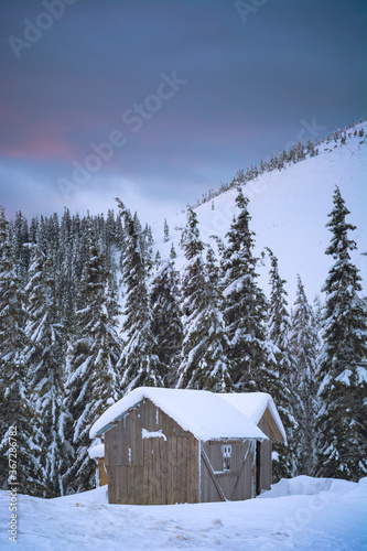 Snowcovered wooden house