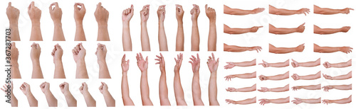 Male asian hand gestures isolated over the white background. Grab Round Thing with five fingers Action.