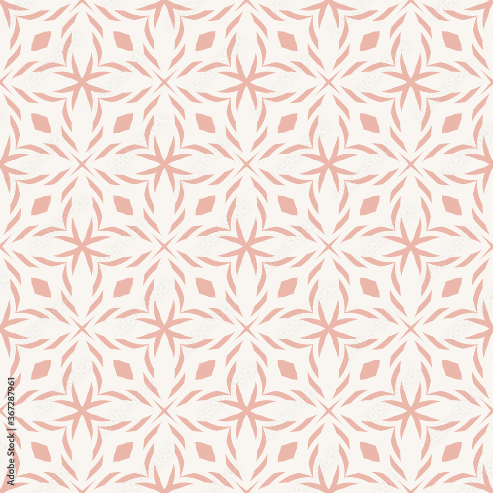 Vector geometric seamless pattern. Pink and white ornament texture with crosses, diamonds, flower shapes, grid, lattice. Elegant floral background. Repeat design for decor, fabric, cloth, wallpaper