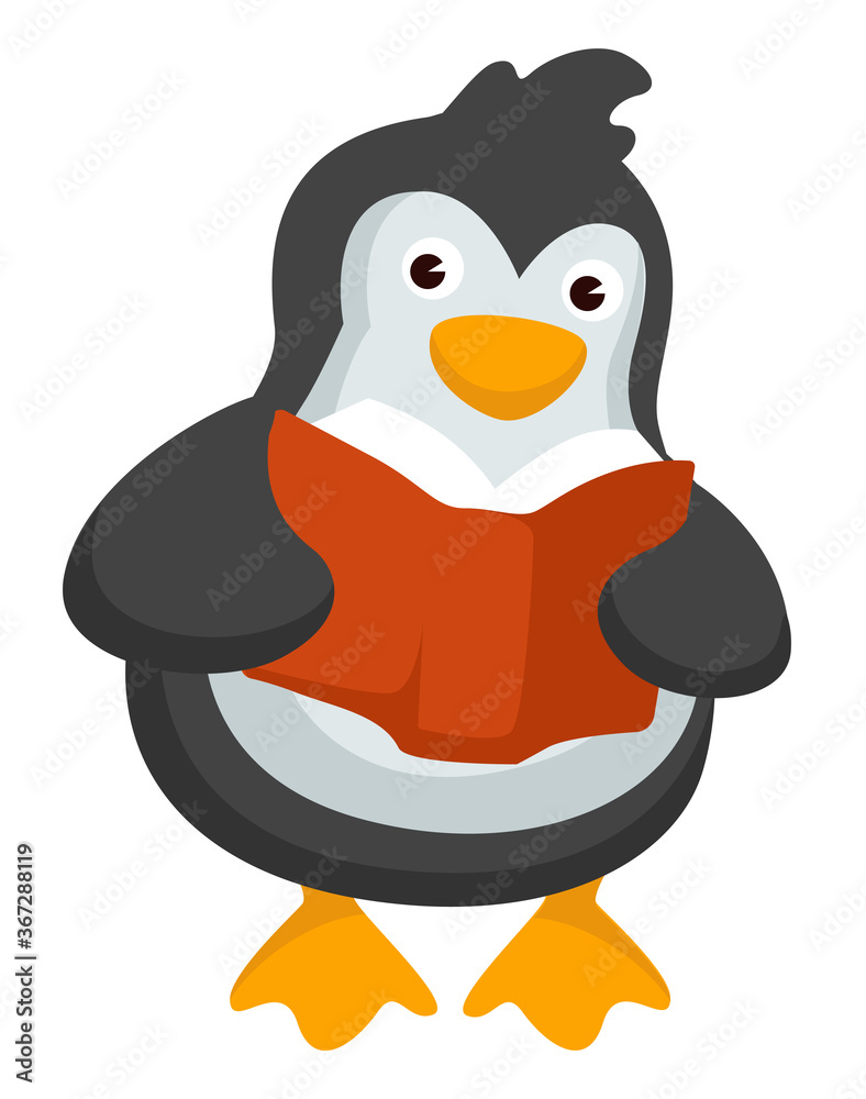 Obraz premium Penguin reading textbook, studying animal with book vector