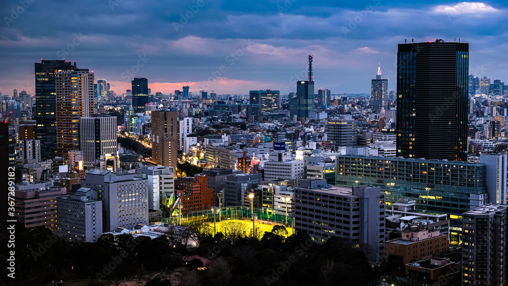 Obraz premium 東京 文京シビックセンター 展望ラウンジからの景色 新宿方面 曇天の夜景