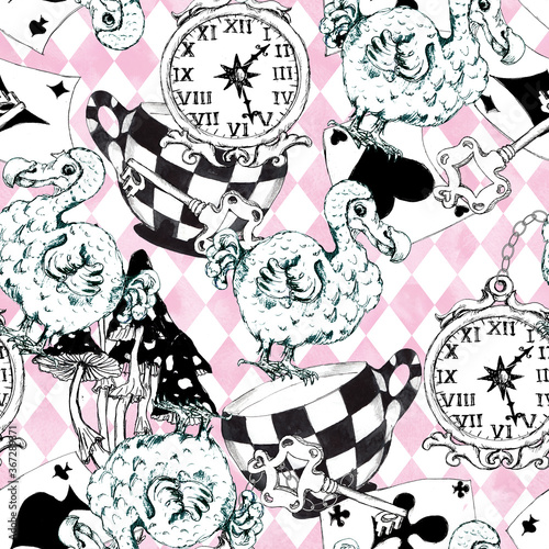 Alice in Wonderland sketched seamless pattern black white coloring page isolated 