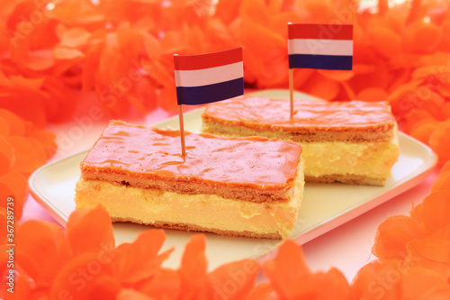 Orange tompouce. Traditional Dutch pastry to celebrate King's Day in the Netherlands.