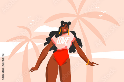 Hand drawn vector abstract stock flat graphic illustration with young ,happy black afro american beauty woman in swimsuit on sundown view scene on the beach isolated on pink pastel background