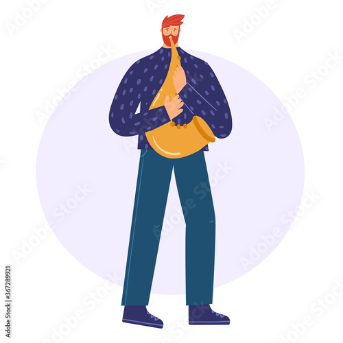 A young man plays the saxophone. Vector illustration.