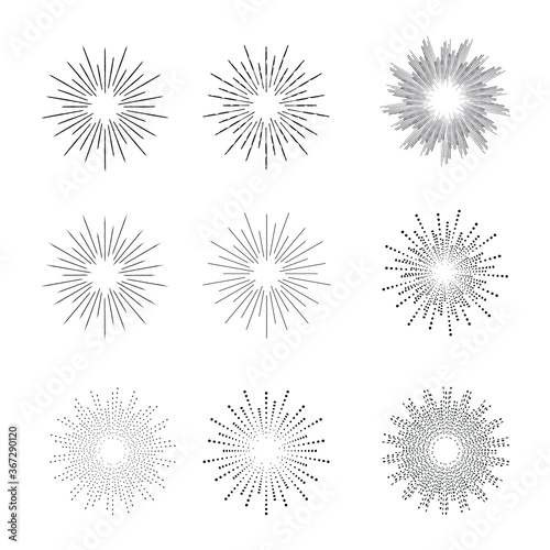 Radial speed Lines in Circle Form for comic books . fireworks Explosion background . Vector Illustration . Starburst round Logo . Circular Design element . Abstract Geometric star rays . Sunburst .
