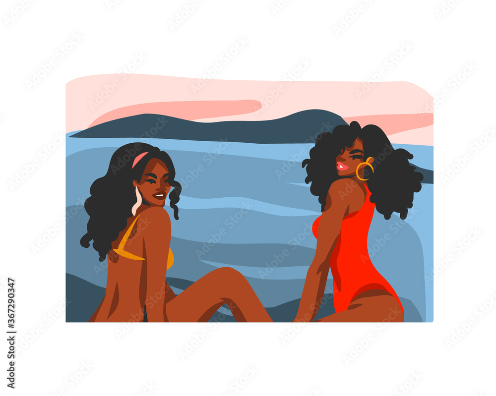 Hand drawn vector abstract stock flat graphic illustration with young happy black afro american beauty female,in swimsuit on sundown beach scene isolated on white background Hand drawn vector abstract stock flat graphic illustration with young happy black afro american beauty female,in swimsuit on sundown beach scene isolated on white background