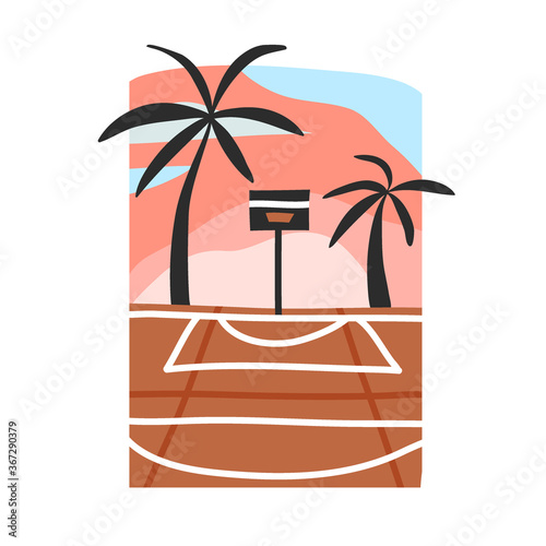 Hand drawn vector abstract stock flat graphic illustration with sundown beach scene of street basketball court isolated on white background