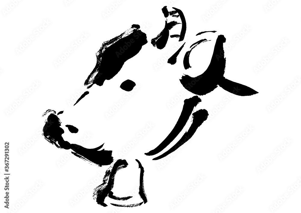牛の横顔の手描きの和風イラスト 筆書きの線画の力強いイラスト Stock Vector Adobe Stock