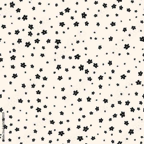 Ditsy pattern. Simple vector black and white seamless texture with small flowers. Elegant abstract floral background. Minimal repeat design for decoration, textile, wallpapers, tileable print, cloth