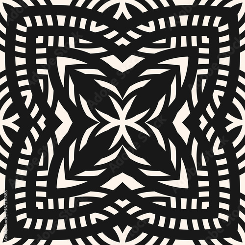 Vector geometric seamless pattern. Abstract black and white texture with ornamental grid, mesh, lattice, cross shapes. Tribal ethnic motif. Folk style monochrome background. Repeat tileable design